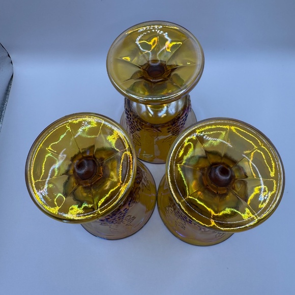 Indiana Glass Marigold Carnival Glass wine glasses. Set of 3 Amber Harvest Grape - Picture 7 of 7